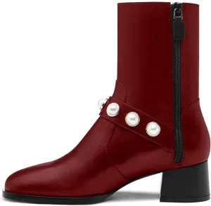 iadore Women's Ankle Boots, 1.8'' Round Toe Pearl Studded Strap Mid Chunky Heel Side Zipper Soft Boots for Casual Date Fall Winter