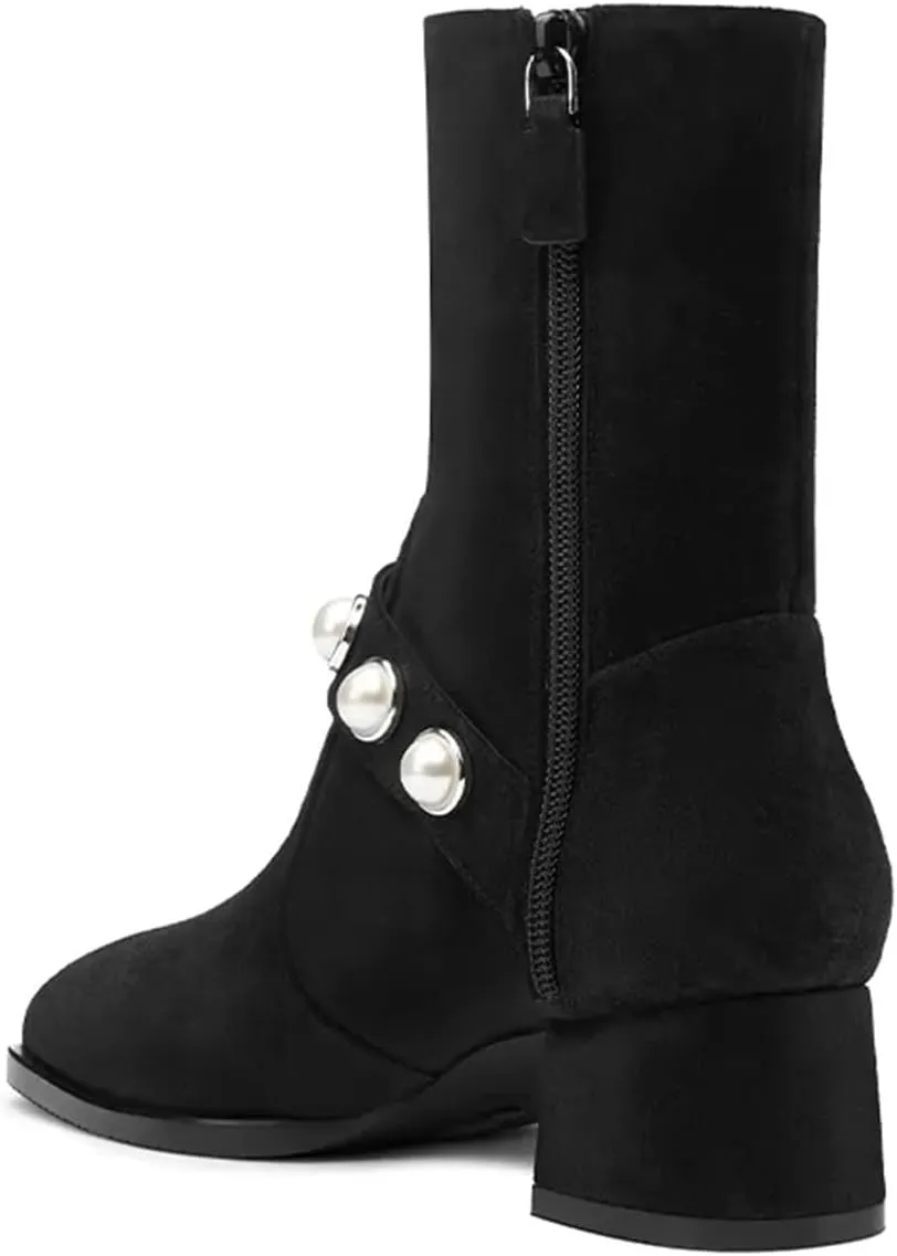 iadore Women's Ankle Boots, 1.8'' Round Toe Pearl Studded Strap Mid Chunky Heel Side Zipper Soft Boots for Casual Date Fall Winter