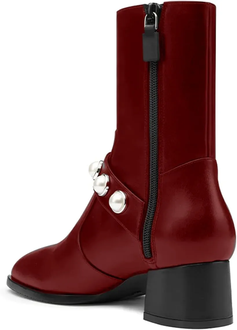 iadore Women's Ankle Boots, 1.8'' Round Toe Pearl Studded Strap Mid Chunky Heel Side Zipper Soft Boots for Casual Date Fall Winter