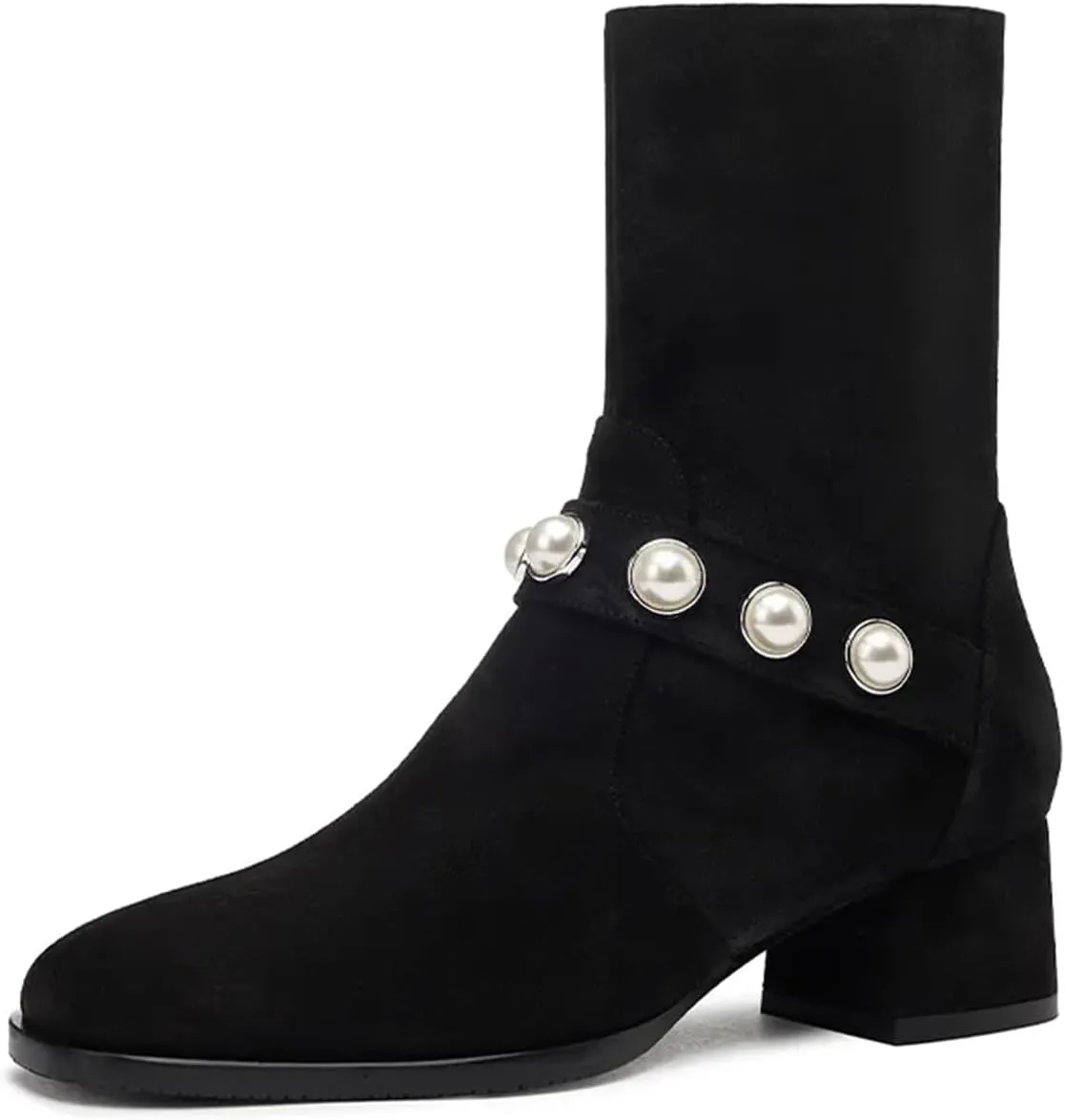iadore Women's Ankle Boots, 1.8'' Round Toe Pearl Studded Strap Mid Chunky Heel Side Zipper Soft Boots for Casual Date Fall Winter