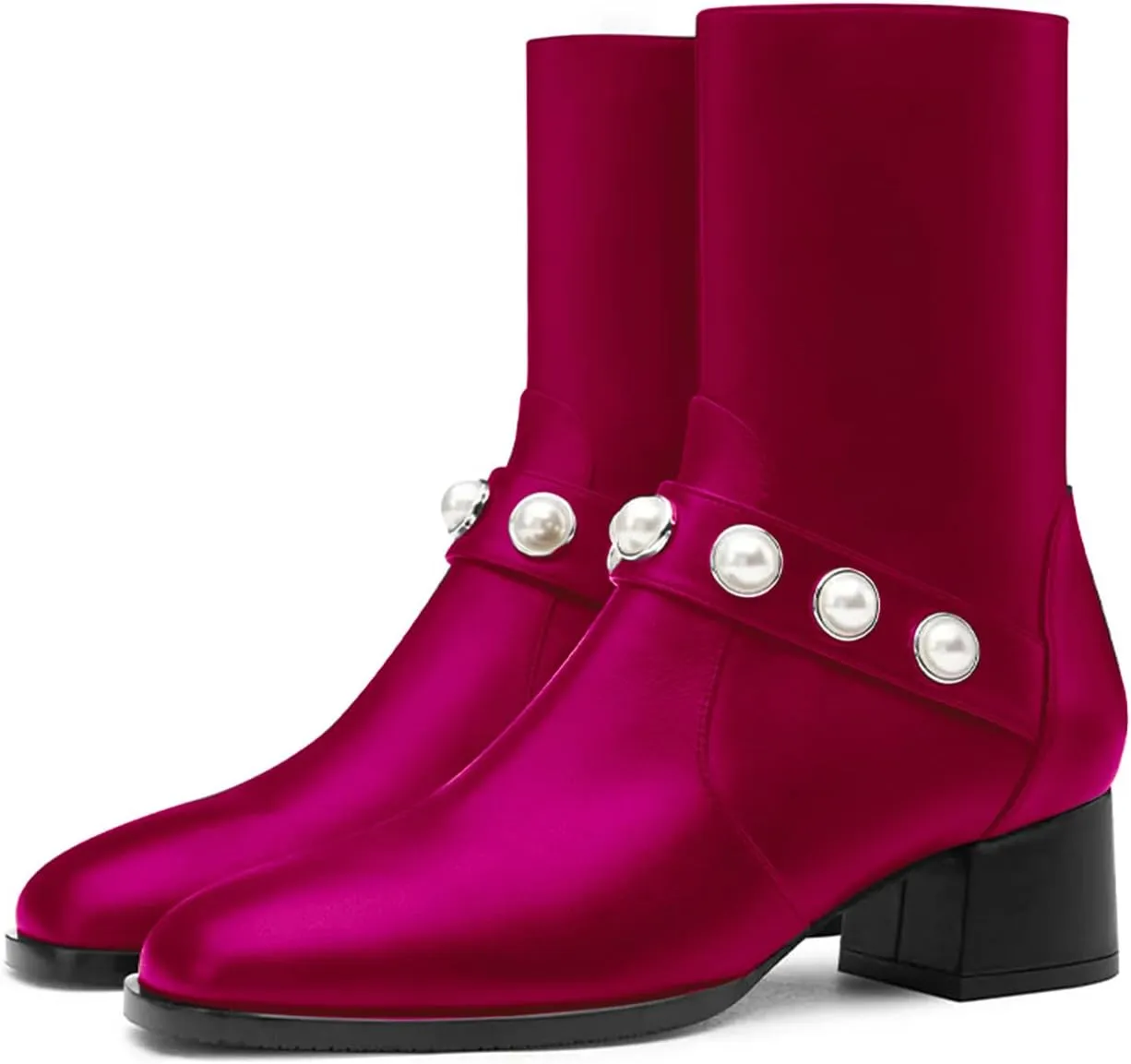 iadore Women's Ankle Boots, 1.8'' Round Toe Pearl Studded Strap Mid Chunky Heel Side Zipper Soft Boots for Casual Date Fall Winter