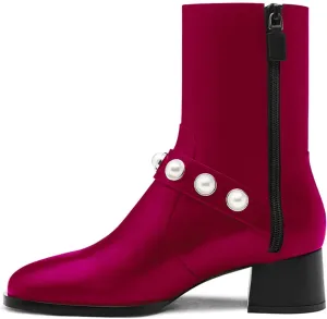iadore Women's Ankle Boots, 1.8'' Round Toe Pearl Studded Strap Mid Chunky Heel Side Zipper Soft Boots for Casual Date Fall Winter