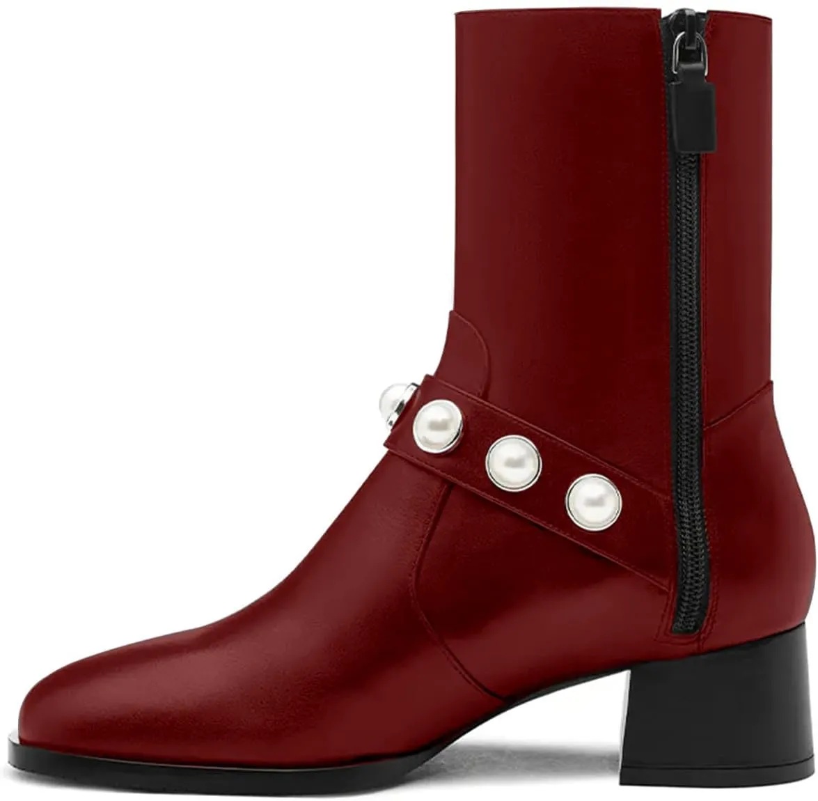 iadore Women's Ankle Boots, 1.8'' Round Toe Pearl Studded Strap Mid Chunky Heel Side Zipper Soft Boots for Casual Date Fall Winter