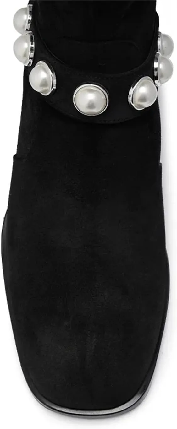 iadore Women's Ankle Boots, 1.8'' Round Toe Pearl Studded Strap Mid Chunky Heel Side Zipper Soft Boots for Casual Date Fall Winter