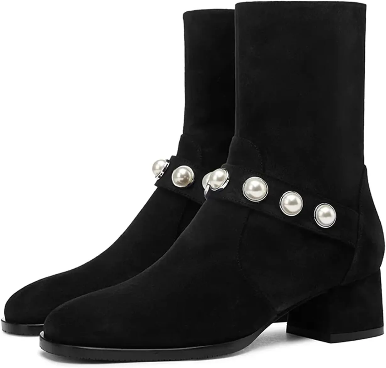 iadore Women's Ankle Boots, 1.8'' Round Toe Pearl Studded Strap Mid Chunky Heel Side Zipper Soft Boots for Casual Date Fall Winter