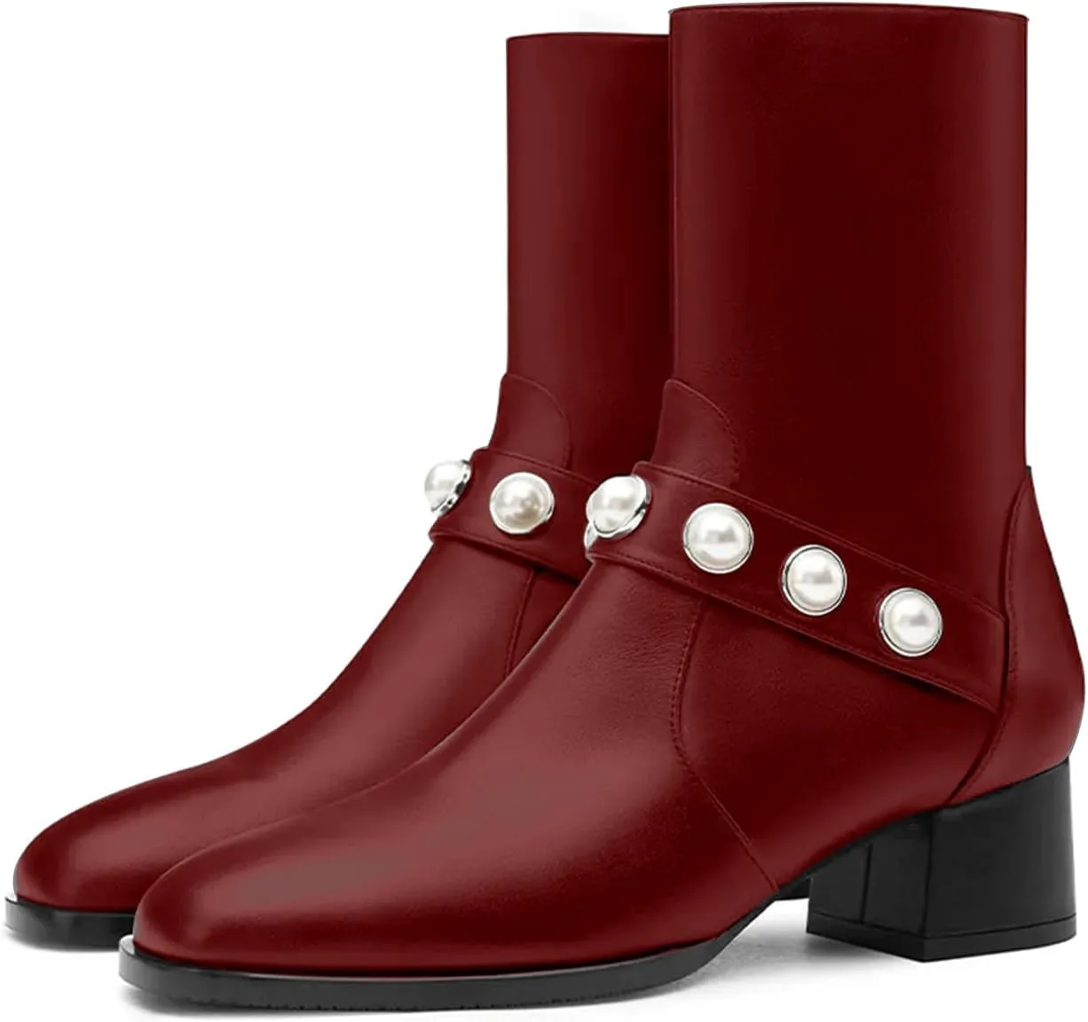 iadore Women's Ankle Boots, 1.8'' Round Toe Pearl Studded Strap Mid Chunky Heel Side Zipper Soft Boots for Casual Date Fall Winter