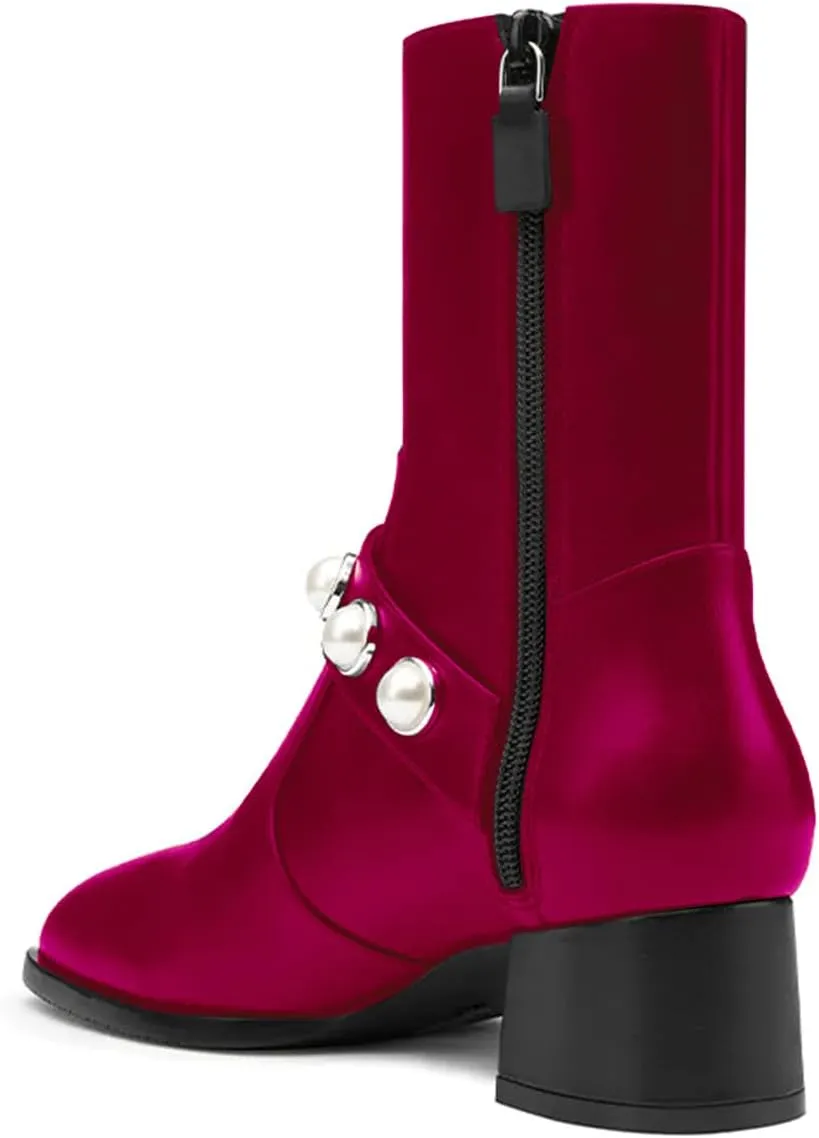 iadore Women's Ankle Boots, 1.8'' Round Toe Pearl Studded Strap Mid Chunky Heel Side Zipper Soft Boots for Casual Date Fall Winter
