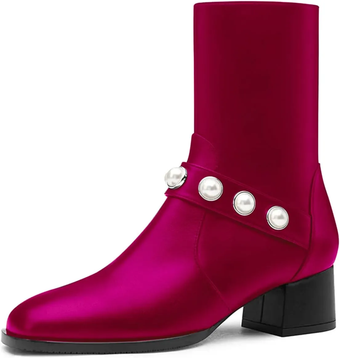 iadore Women's Ankle Boots, 1.8'' Round Toe Pearl Studded Strap Mid Chunky Heel Side Zipper Soft Boots for Casual Date Fall Winter