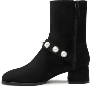 iadore Women's Ankle Boots, 1.8'' Round Toe Pearl Studded Strap Mid Chunky Heel Side Zipper Soft Boots for Casual Date Fall Winter