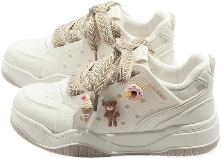 Ice Cream Bear Donut Charms Retro Sneakers - Chunky Platform Cute Shoes for Women & Girls, Comfy Thick Sole White Trainers for Campus Walks, Y2K Minimalist Streetwear Aesthetic, Back to School