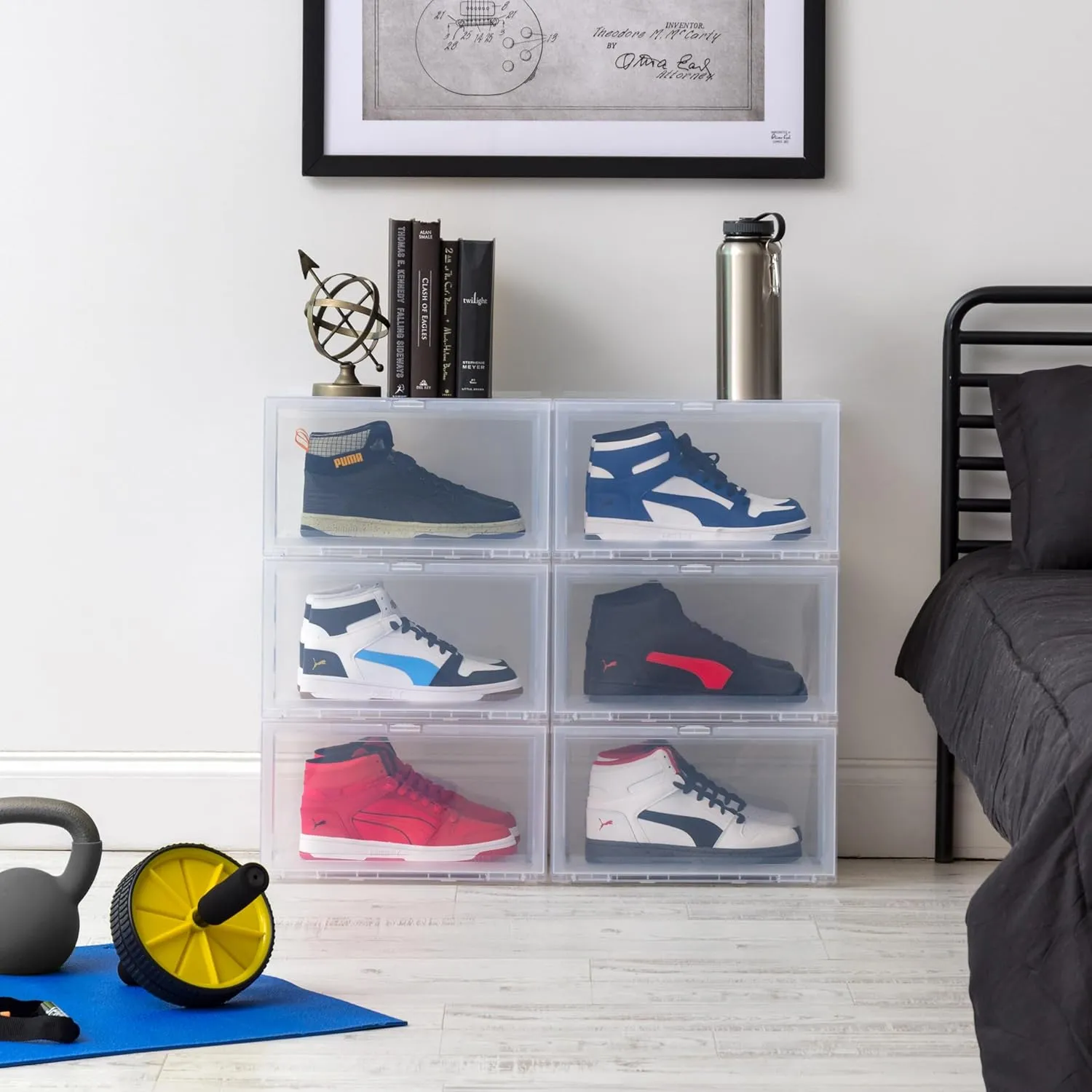 IRIS USA Stackable Shoe Display Box with Flip Up Door, 6-Pack, Sturdy Shoe Organizer Container with Side display for High-Top Sneakers, Closet Under Bed and Entryway Storage, Clear