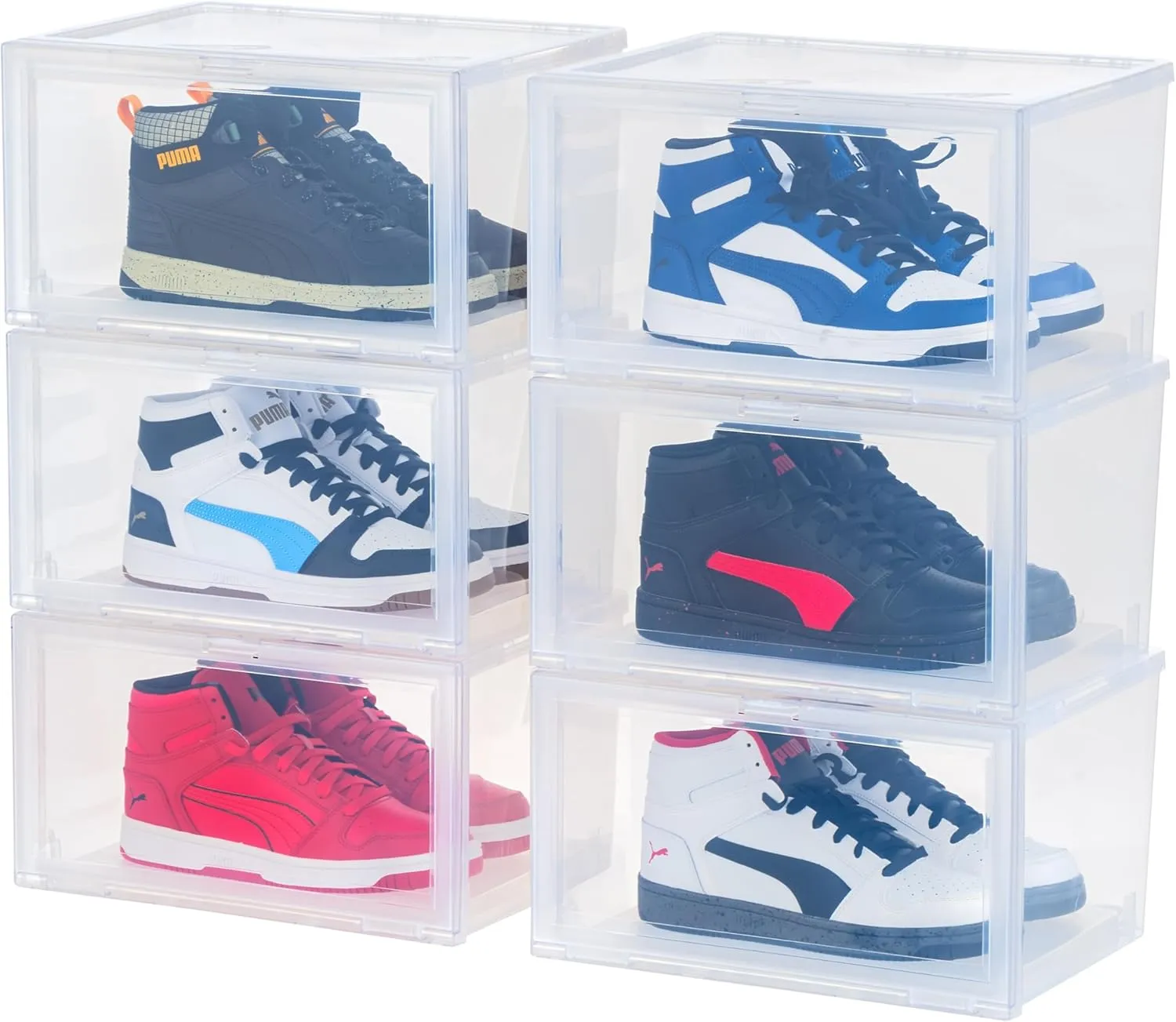IRIS USA Stackable Shoe Display Box with Flip Up Door, 6-Pack, Sturdy Shoe Organizer Container with Side display for High-Top Sneakers, Closet Under Bed and Entryway Storage, Clear