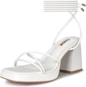 ISNOM White Lace Up Heels for Women Platform Lace Up Heels Sandals Comfy Strappy Short Block Chunky Sandals Ankle Strap Heeled Sandals Square Open Toe for Wedding Work Party Dressy Prom,White,Size 7
