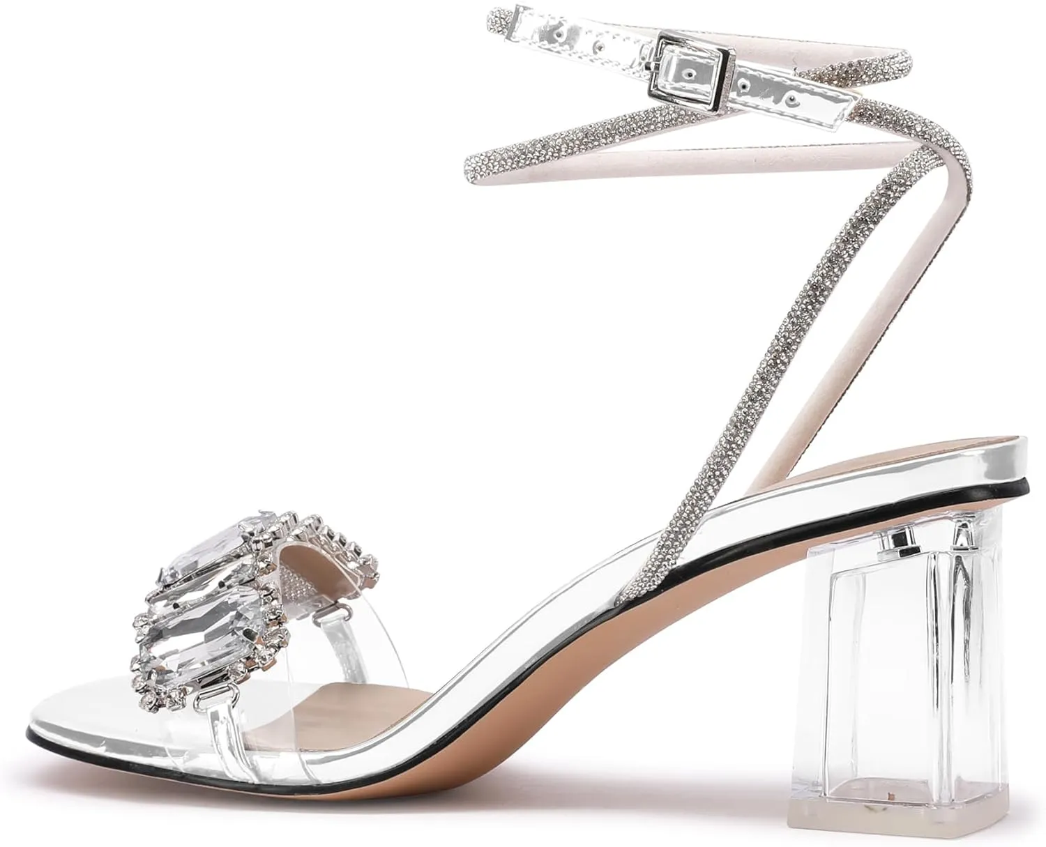 JANSEVEN Women Rhinestone Clear Sandals Crystal Transparent Heels Chunky Block Heel Mid Heel Sparkling silver Sandal with Ankle Strap Square Toe Sandals Dress Shoes Wedding Shoes 2.5 Inches Size 5