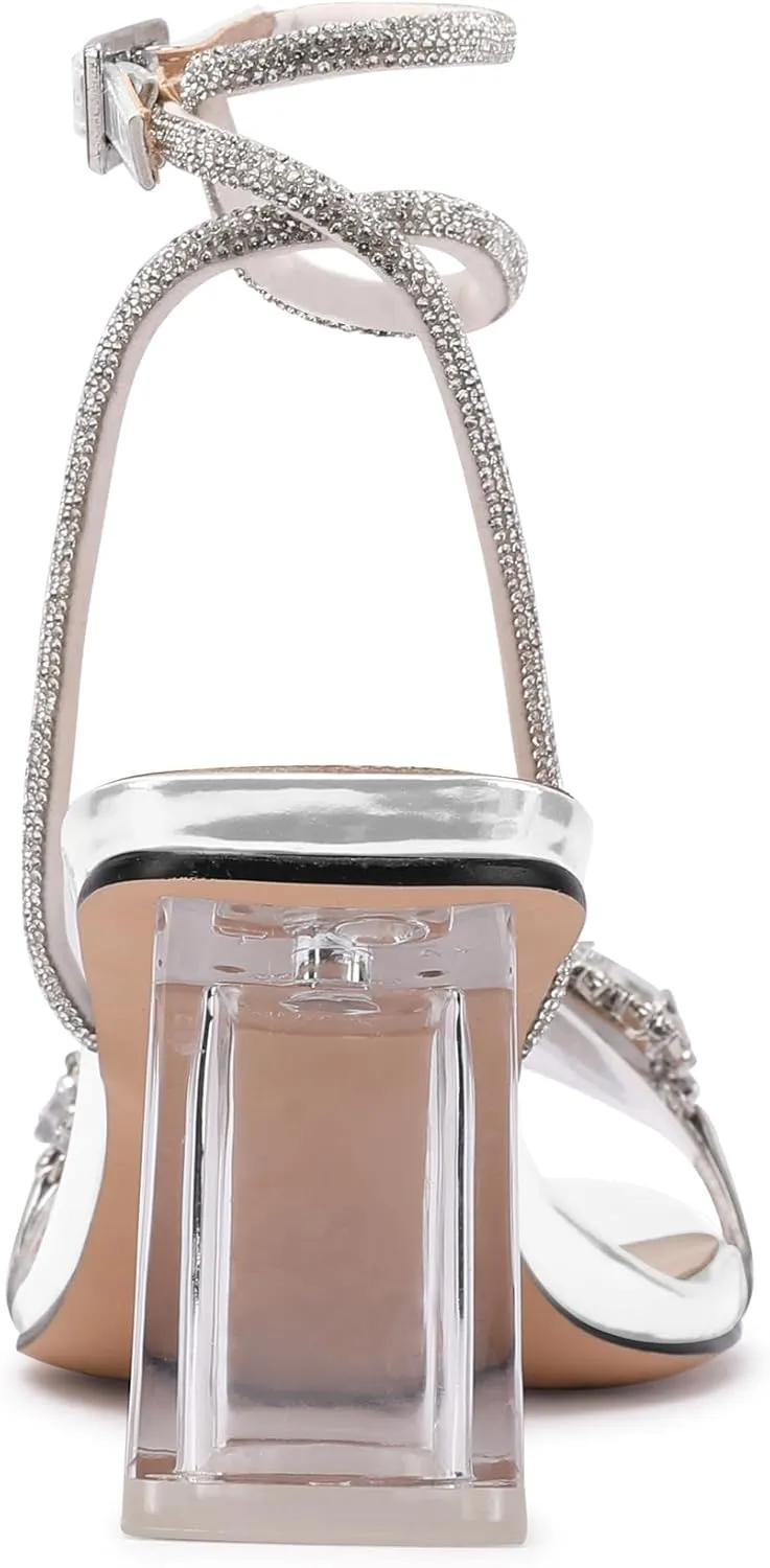 JANSEVEN Women Rhinestone Clear Sandals Crystal Transparent Heels Chunky Block Heel Mid Heel Sparkling silver Sandal with Ankle Strap Square Toe Sandals Dress Shoes Wedding Shoes 2.5 Inches Size 5