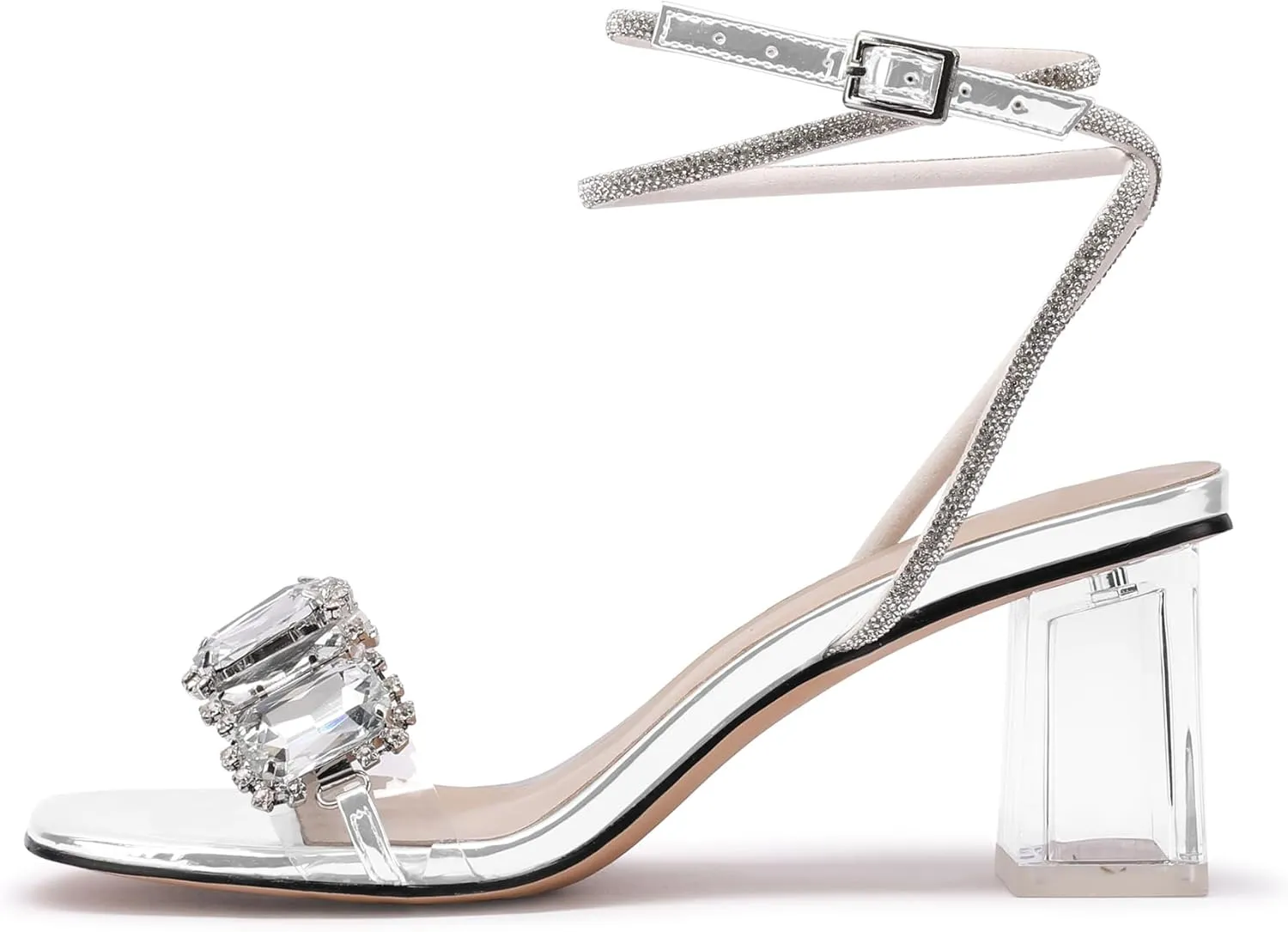 JANSEVEN Women Rhinestone Clear Sandals Crystal Transparent Heels Chunky Block Heel Mid Heel Sparkling silver Sandal with Ankle Strap Square Toe Sandals Dress Shoes Wedding Shoes 2.5 Inches Size 5