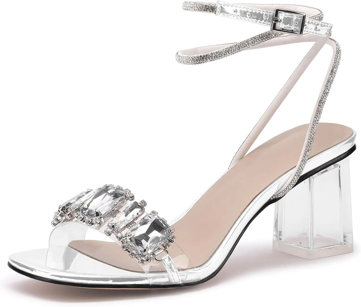 JANSEVEN Women Rhinestone Clear Sandals Crystal Transparent Heels Chunky Block Heel Mid Heel Sparkling silver Sandal with Ankle Strap Square Toe Sandals Dress Shoes Wedding Shoes 2.5 Inches Size 5