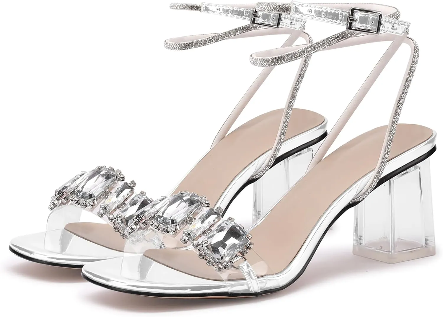 JANSEVEN Women Rhinestone Clear Sandals Crystal Transparent Heels Chunky Block Heel Mid Heel Sparkling silver Sandal with Ankle Strap Square Toe Sandals Dress Shoes Wedding Shoes 2.5 Inches Size 5