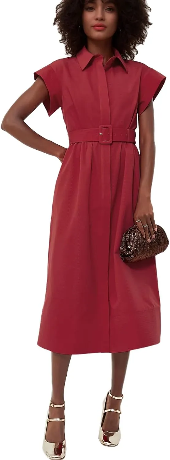 Jenkoon Women's Turn Down Collar Shirt Dress with Belt Short Sleeve Shell Trench Coat Formal Dresses
