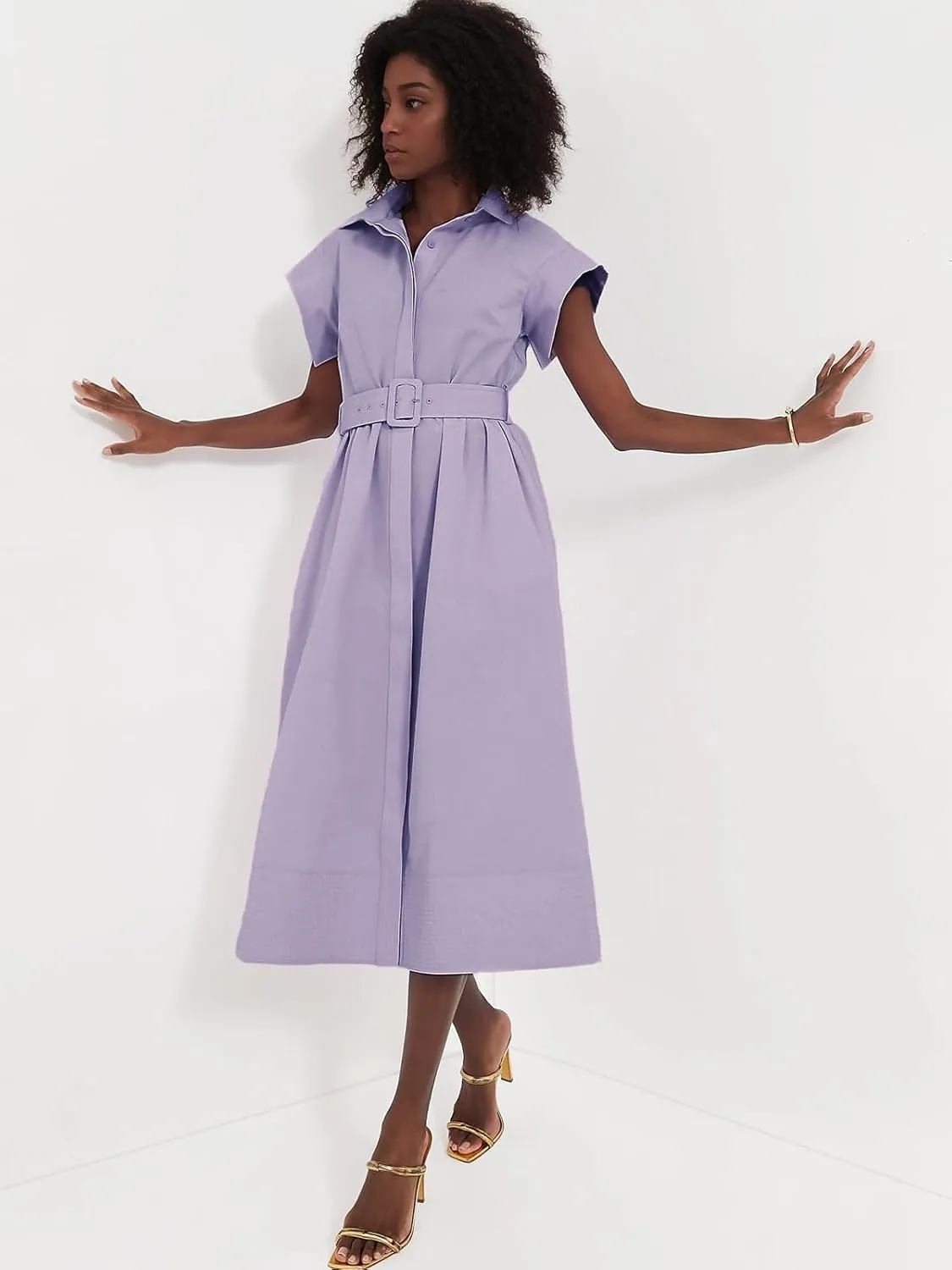 Jenkoon Women's Turn Down Collar Shirt Dress with Belt Short Sleeve Shell Trench Coat Formal Dresses