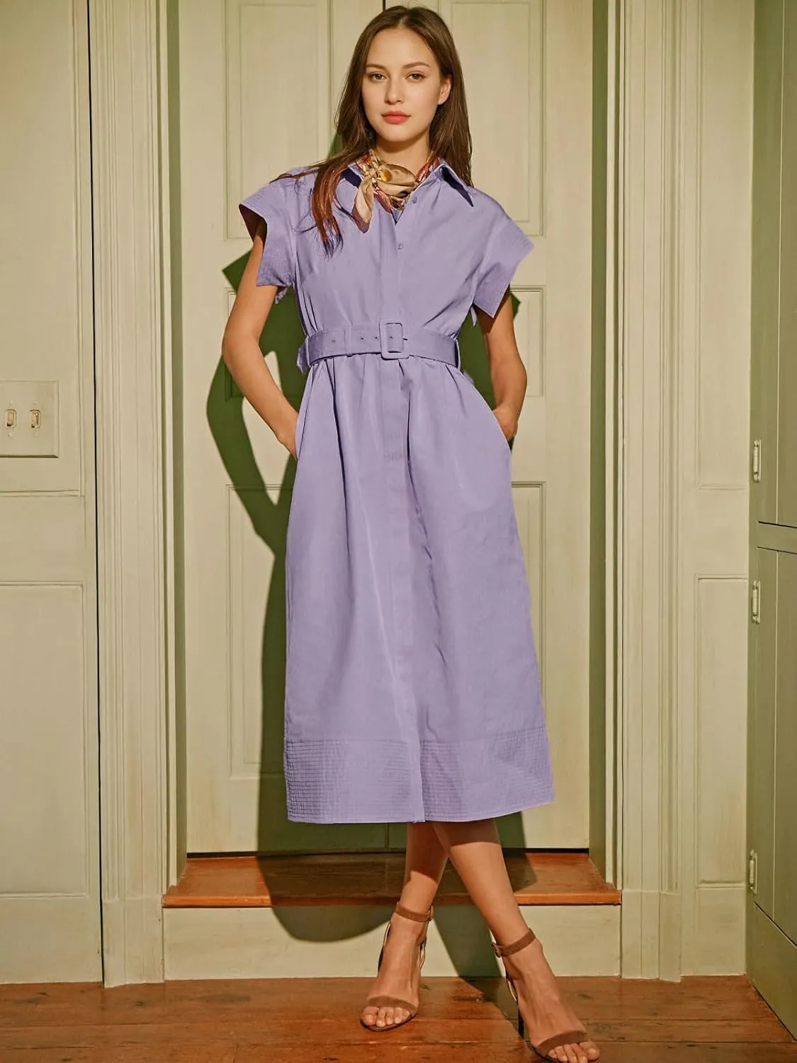 Jenkoon Women's Turn Down Collar Shirt Dress with Belt Short Sleeve Shell Trench Coat Formal Dresses