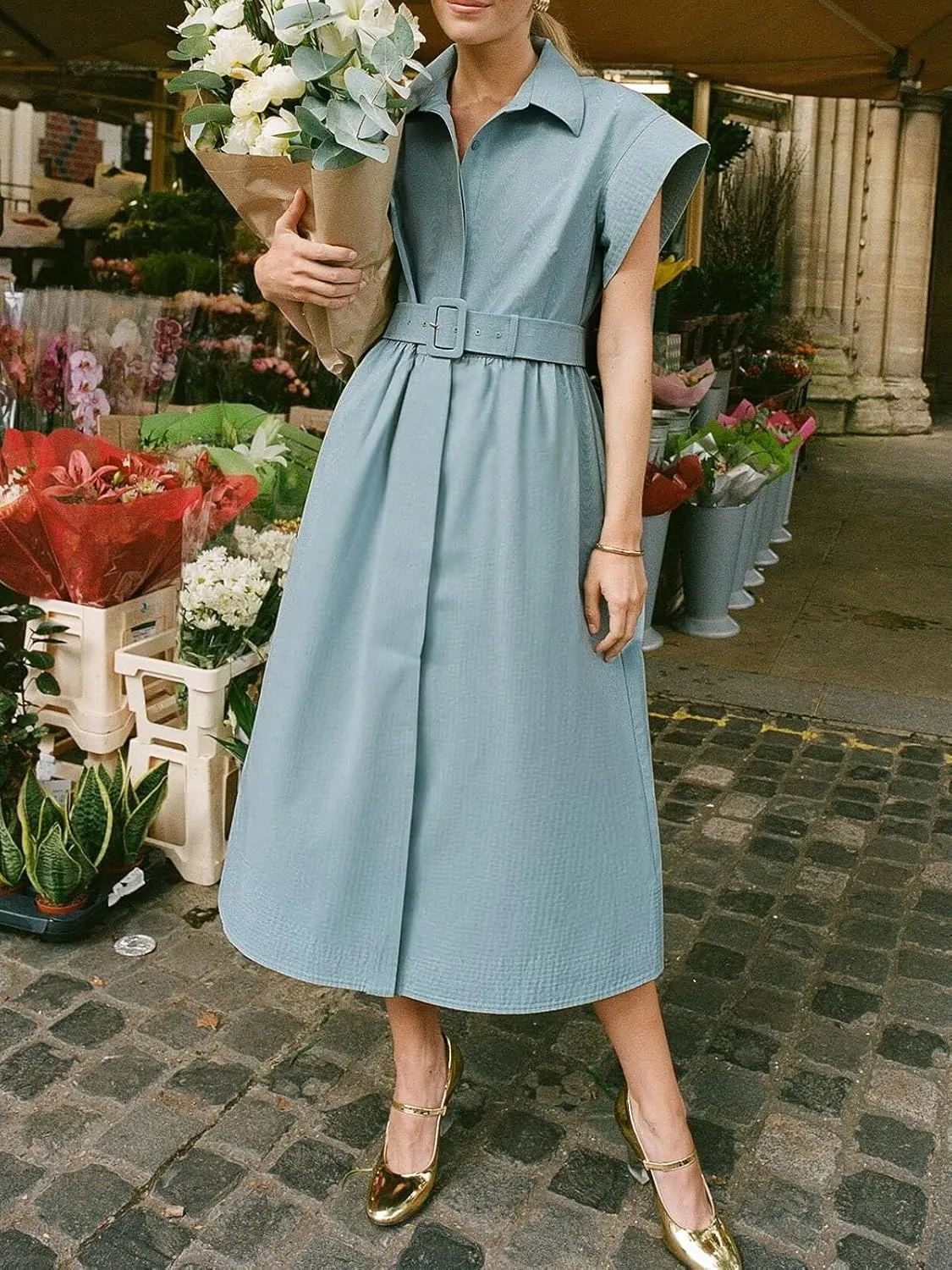 Jenkoon Women's Turn Down Collar Shirt Dress with Belt Short Sleeve Shell Trench Coat Formal Dresses