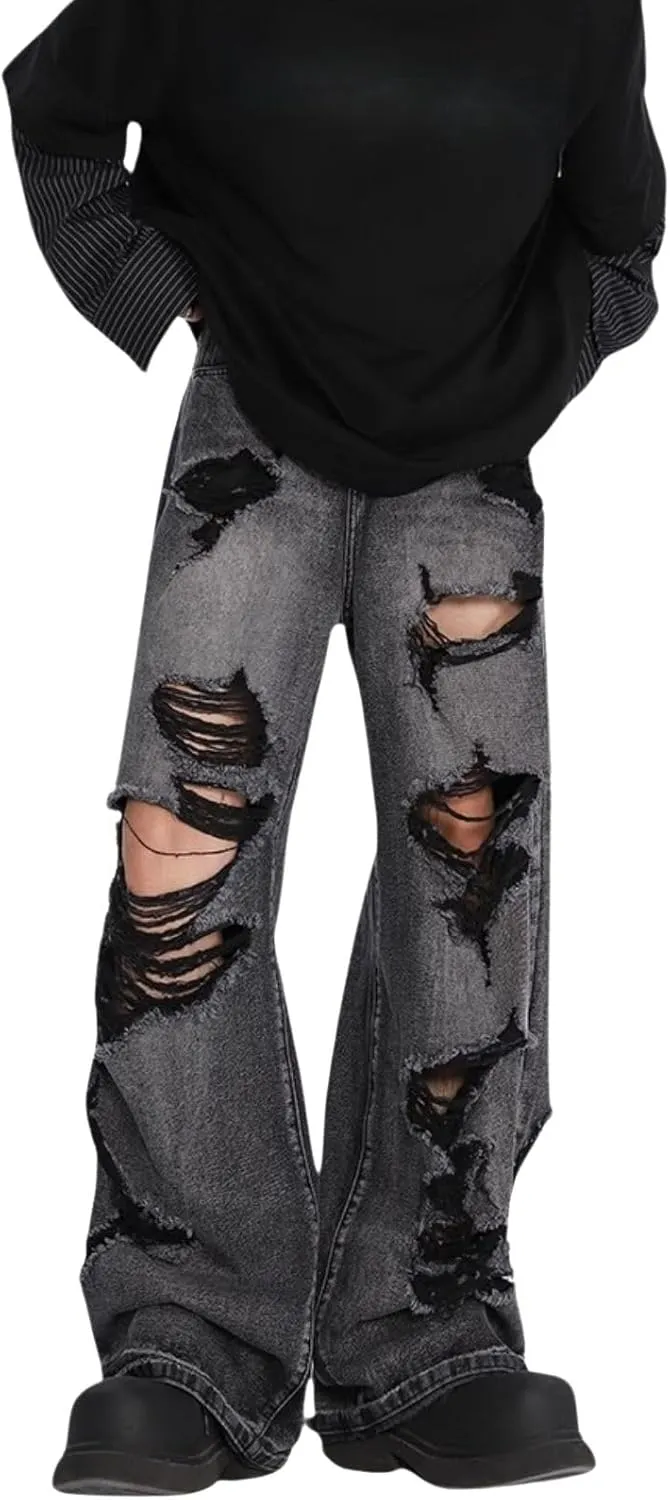 jupkem Baggy Jeans Y2k Ripped Jeans Men Goth Wide Leg Fashion Distressed Jeans Hiphop Grunge Pants Harajuku Streetwear