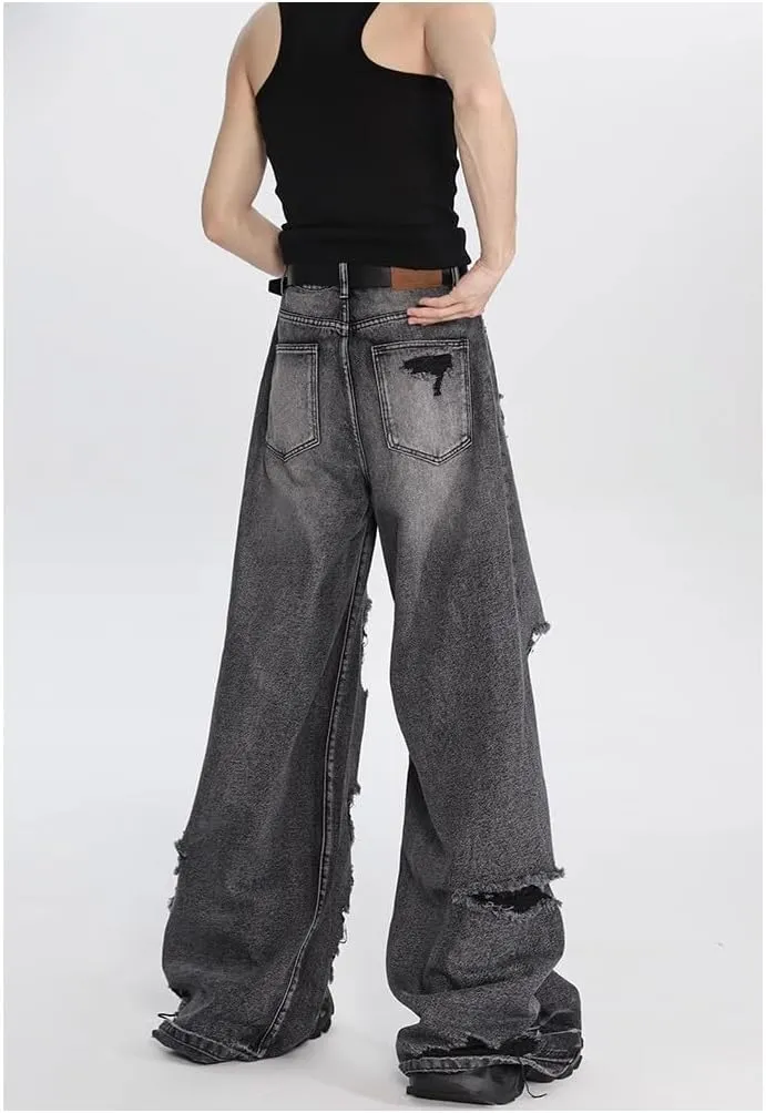 jupkem Baggy Jeans Y2k Ripped Jeans Men Goth Wide Leg Fashion Distressed Jeans Hiphop Grunge Pants Harajuku Streetwear