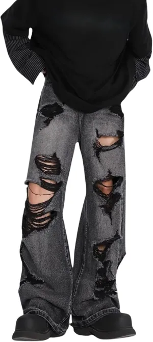 jupkem Baggy Jeans Y2k Ripped Jeans Men Goth Wide Leg Fashion Distressed Jeans Hiphop Grunge Pants Harajuku Streetwear