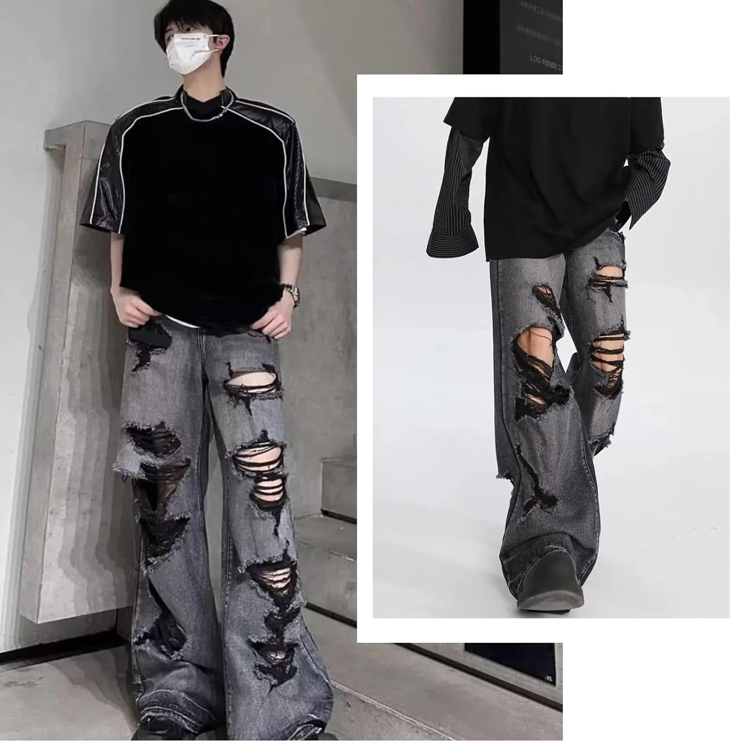 jupkem Baggy Jeans Y2k Ripped Jeans Men Goth Wide Leg Fashion Distressed Jeans Hiphop Grunge Pants Harajuku Streetwear