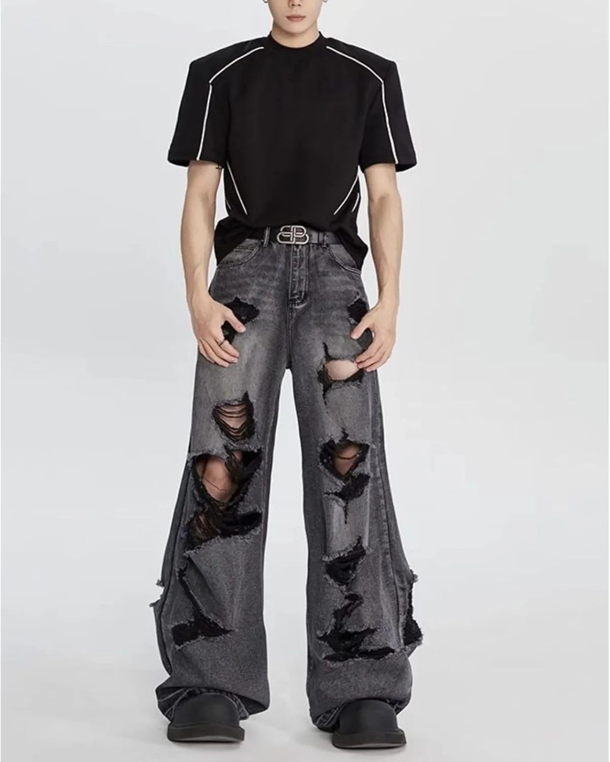 jupkem Baggy Jeans Y2k Ripped Jeans Men Goth Wide Leg Fashion Distressed Jeans Hiphop Grunge Pants Harajuku Streetwear