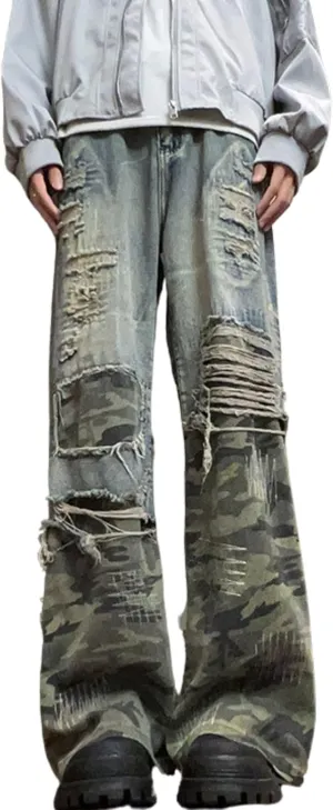jupkem Baggy Jeans Y2k Ripped Jeans Men Goth Wide Leg Fashion Distressed Jeans Hiphop Grunge Pants Harajuku Streetwear