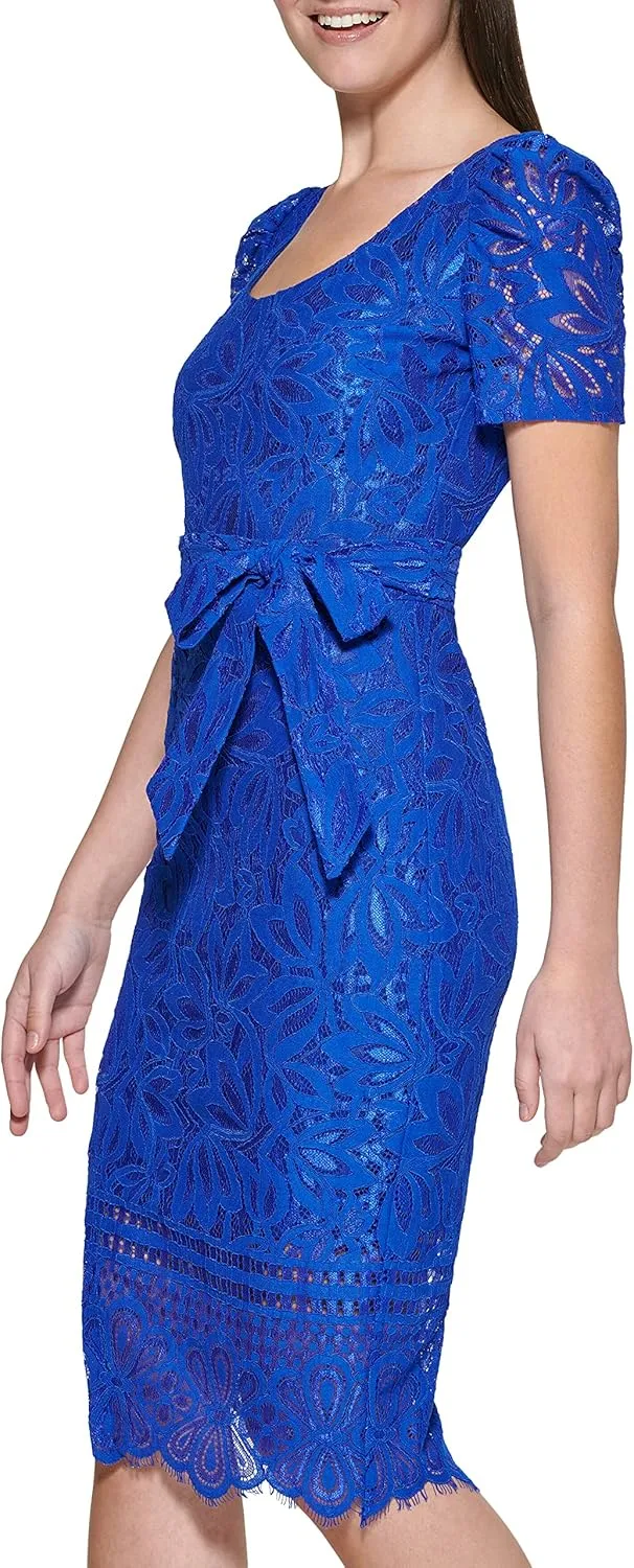 kensie Women's Short Sleeve Tie Waist Lace Midi Dress