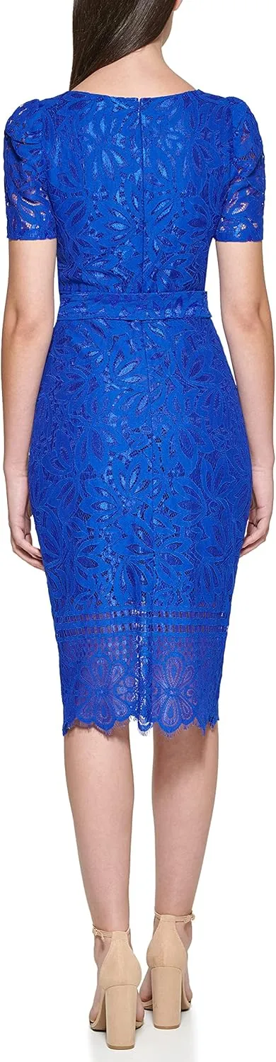 kensie Women's Short Sleeve Tie Waist Lace Midi Dress