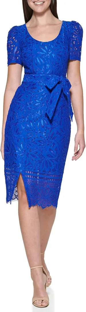 kensie Women's Short Sleeve Tie Waist Lace Midi Dress