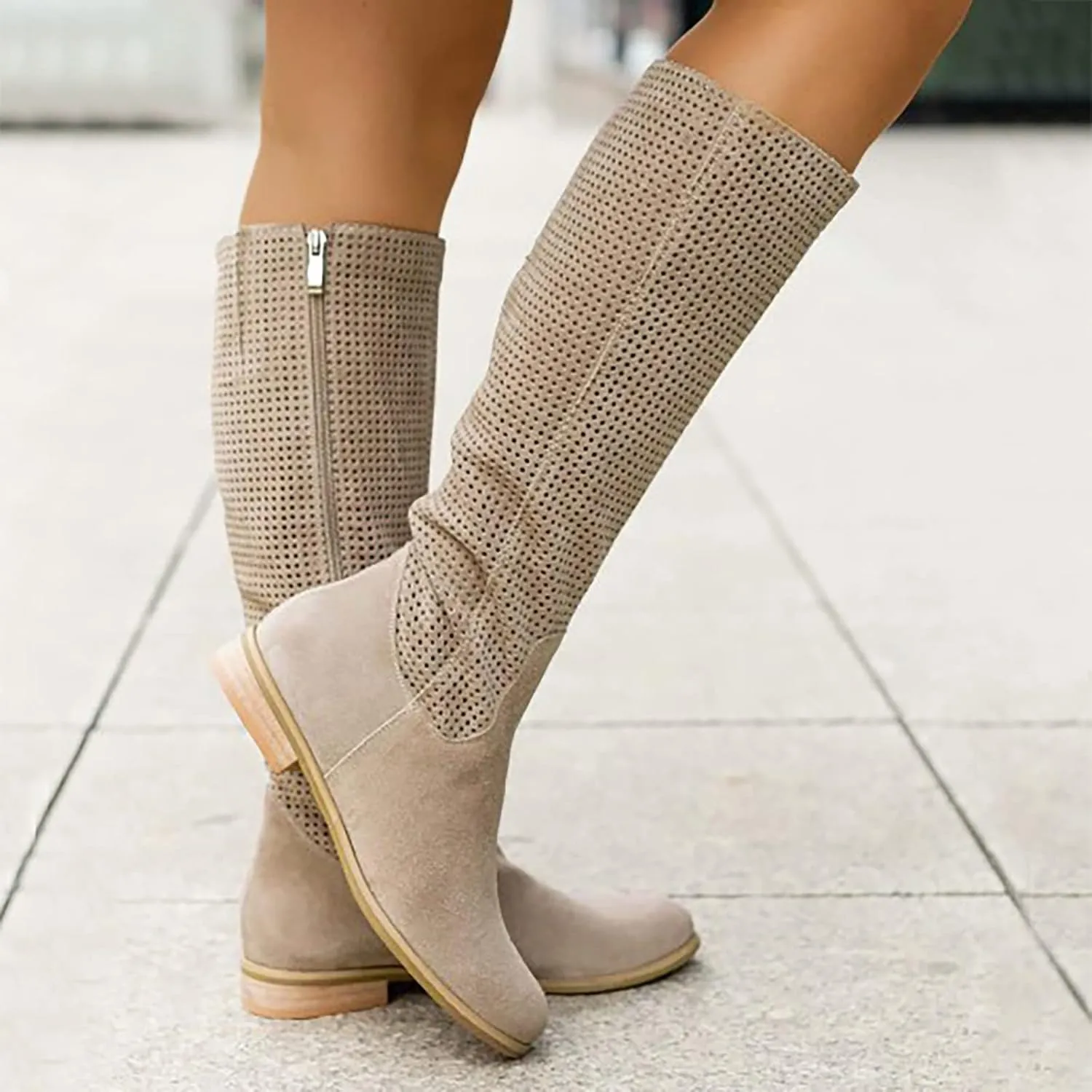 Knee High Boots Women Heel Wide Calf Flat Heel Chunky Stacked Heel Square Toe Mid Calf Boots Pull On Fall Booties