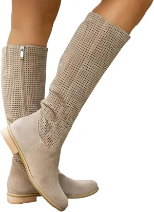 Knee High Boots Women Heel Wide Calf Flat Heel Chunky Stacked Heel Square Toe Mid Calf Boots Pull On Fall Booties