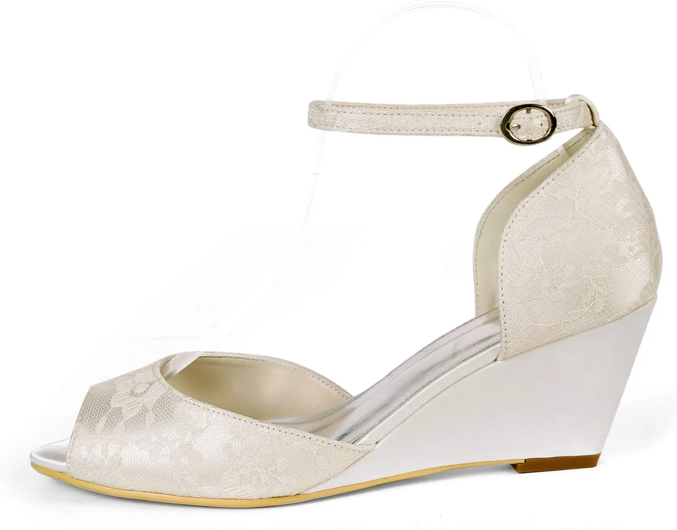 Lace Wedding Shoes Women Peep Toe Wedges Satin Ankle Strap Evening Party Sandals