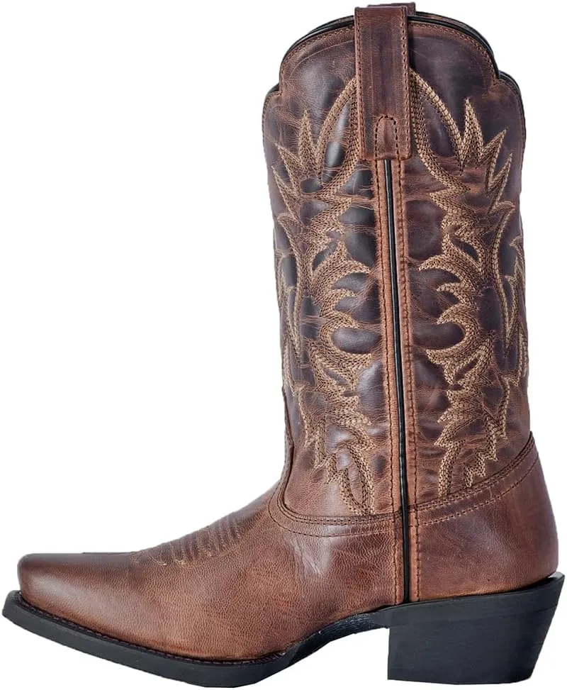 Laredo Womens Malinda Distressed Embroidered Square Toe Casual Boots Mid Calf Low Heel 1-2" - Brown