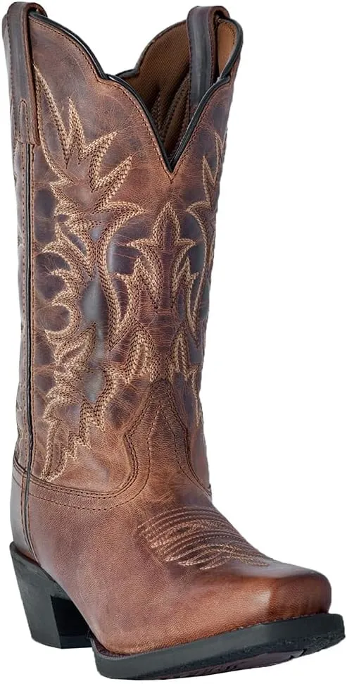 Laredo Womens Malinda Distressed Embroidered Square Toe Casual Boots Mid Calf Low Heel 1-2" - Brown