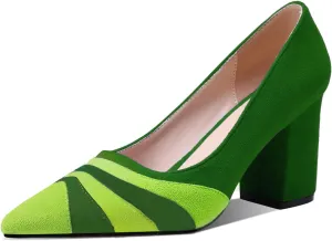 LEHOOR Women Rainbow Chunky Heel Pumps Pointed Toe Suede Multicolor High Heels 3 Inch Slip On Closed Toe Block Dress Pumps for Ladies Party Office Classic Comfy Retro Fashion 4-13 M US