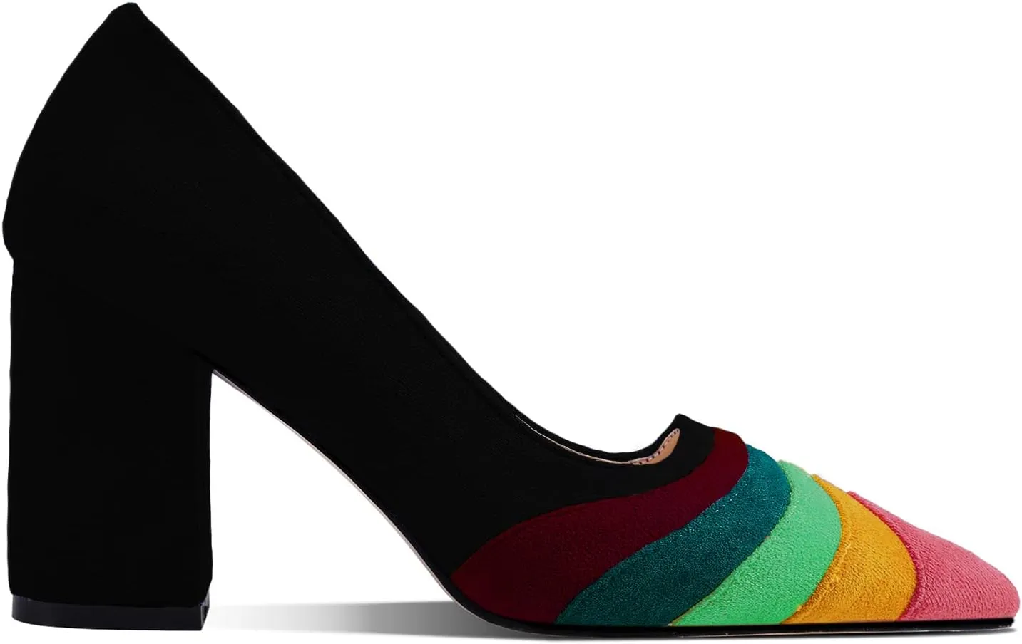 LEHOOR Women Rainbow Chunky Heel Pumps Pointed Toe Suede Multicolor High Heels 3 Inch Slip On Closed Toe Block Dress Pumps for Ladies Party Office Classic Comfy Retro Fashion 4-13 M US