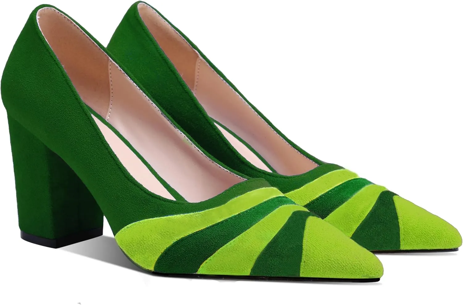 LEHOOR Women Rainbow Chunky Heel Pumps Pointed Toe Suede Multicolor High Heels 3 Inch Slip On Closed Toe Block Dress Pumps for Ladies Party Office Classic Comfy Retro Fashion 4-13 M US