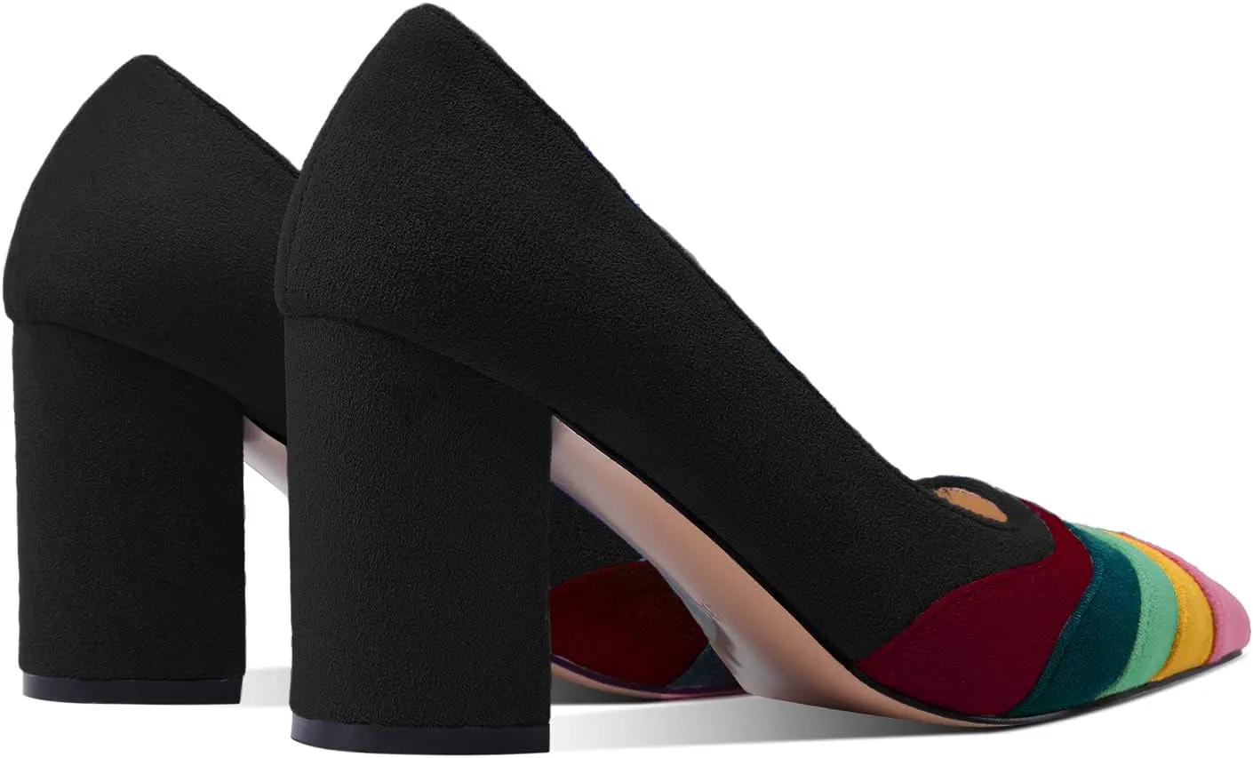 LEHOOR Women Rainbow Chunky Heel Pumps Pointed Toe Suede Multicolor High Heels 3 Inch Slip On Closed Toe Block Dress Pumps for Ladies Party Office Classic Comfy Retro Fashion 4-13 M US