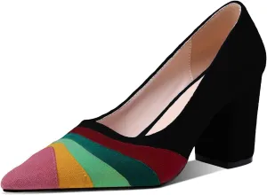 LEHOOR Women Rainbow Chunky Heel Pumps Pointed Toe Suede Multicolor High Heels 3 Inch Slip On Closed Toe Block Dress Pumps for Ladies Party Office Classic Comfy Retro Fashion 4-13 M US