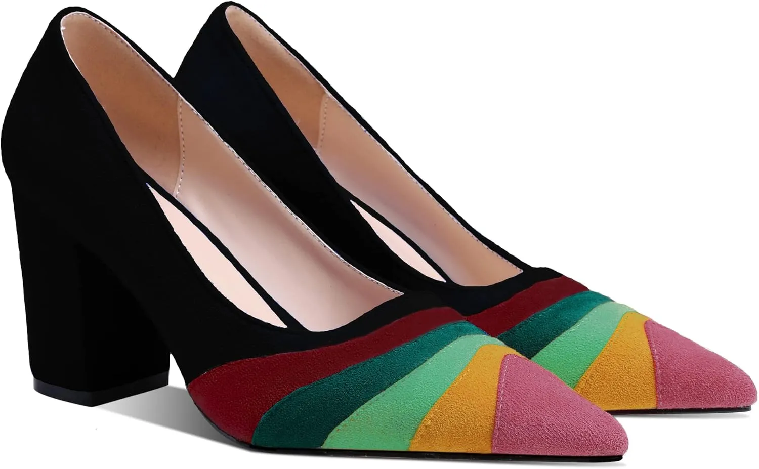 LEHOOR Women Rainbow Chunky Heel Pumps Pointed Toe Suede Multicolor High Heels 3 Inch Slip On Closed Toe Block Dress Pumps for Ladies Party Office Classic Comfy Retro Fashion 4-13 M US