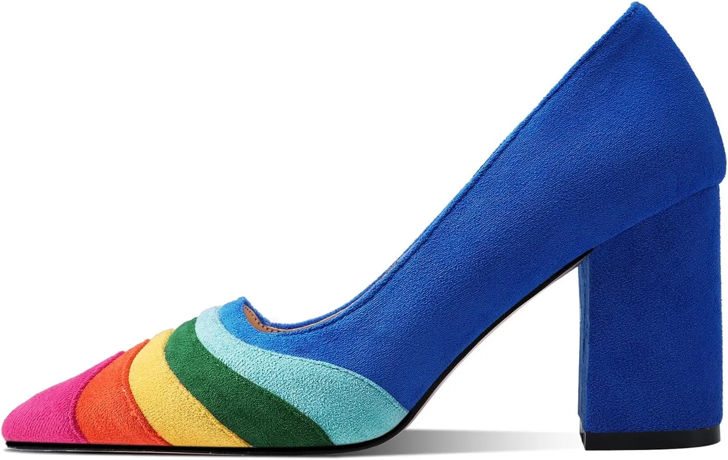 LEHOOR Women Rainbow Chunky Heel Pumps Pointed Toe Suede Multicolor High Heels 3 Inch Slip On Closed Toe Block Dress Pumps for Ladies Party Office Classic Comfy Retro Fashion 4-13 M US
