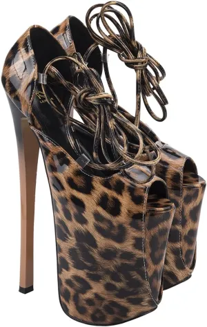 LEHOOR Women Stiletto Platform Sandals 9 Inch Super High Heels Leopard Print Lace Up Pumps Peep Round Toe Summer Sexy Party Dress Shoes Size 4-13 M US
