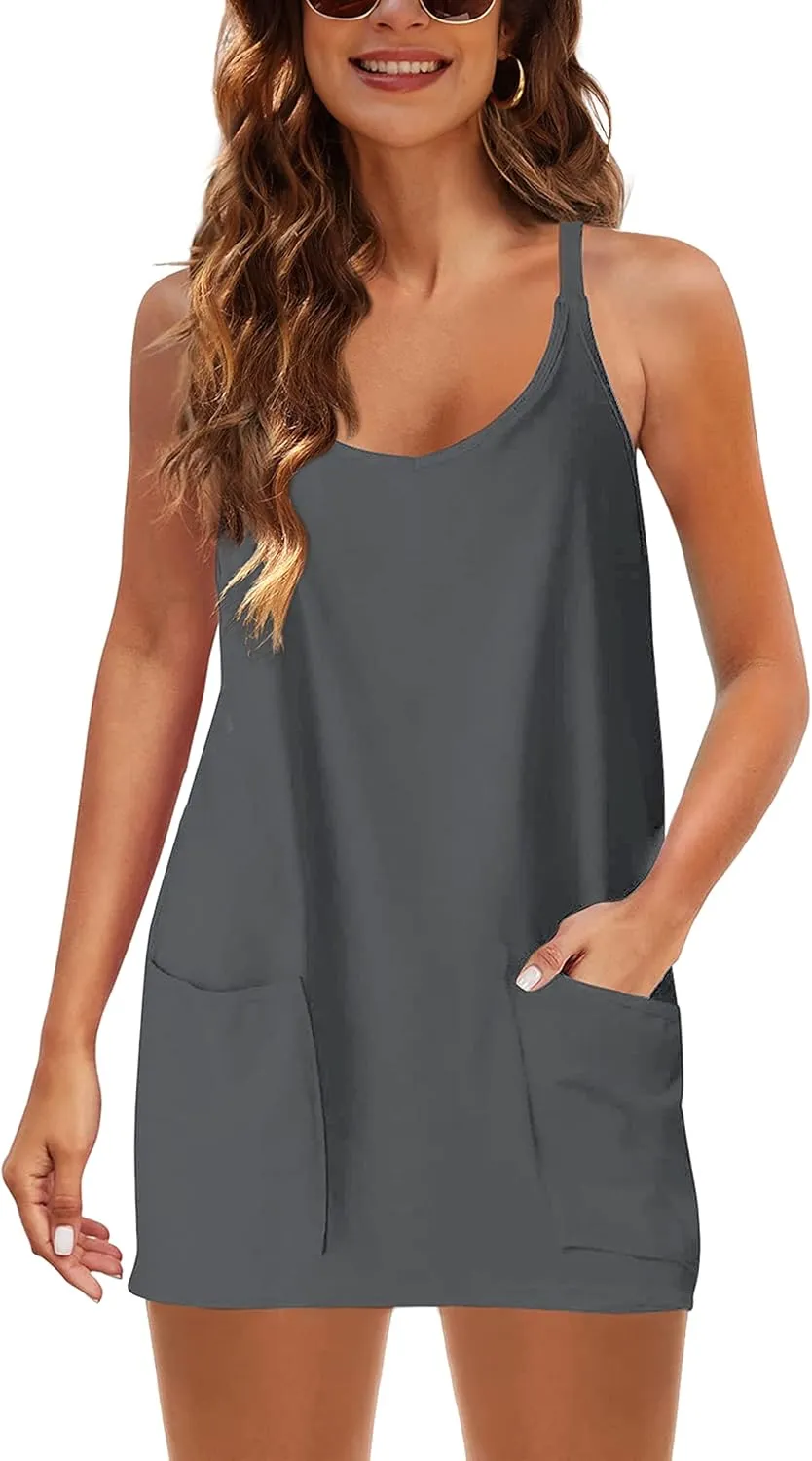 Lentta Womens Athletic Sleeveless Mini Dress with Built-in Shorts V Neck Spaghetti Strap Sundress