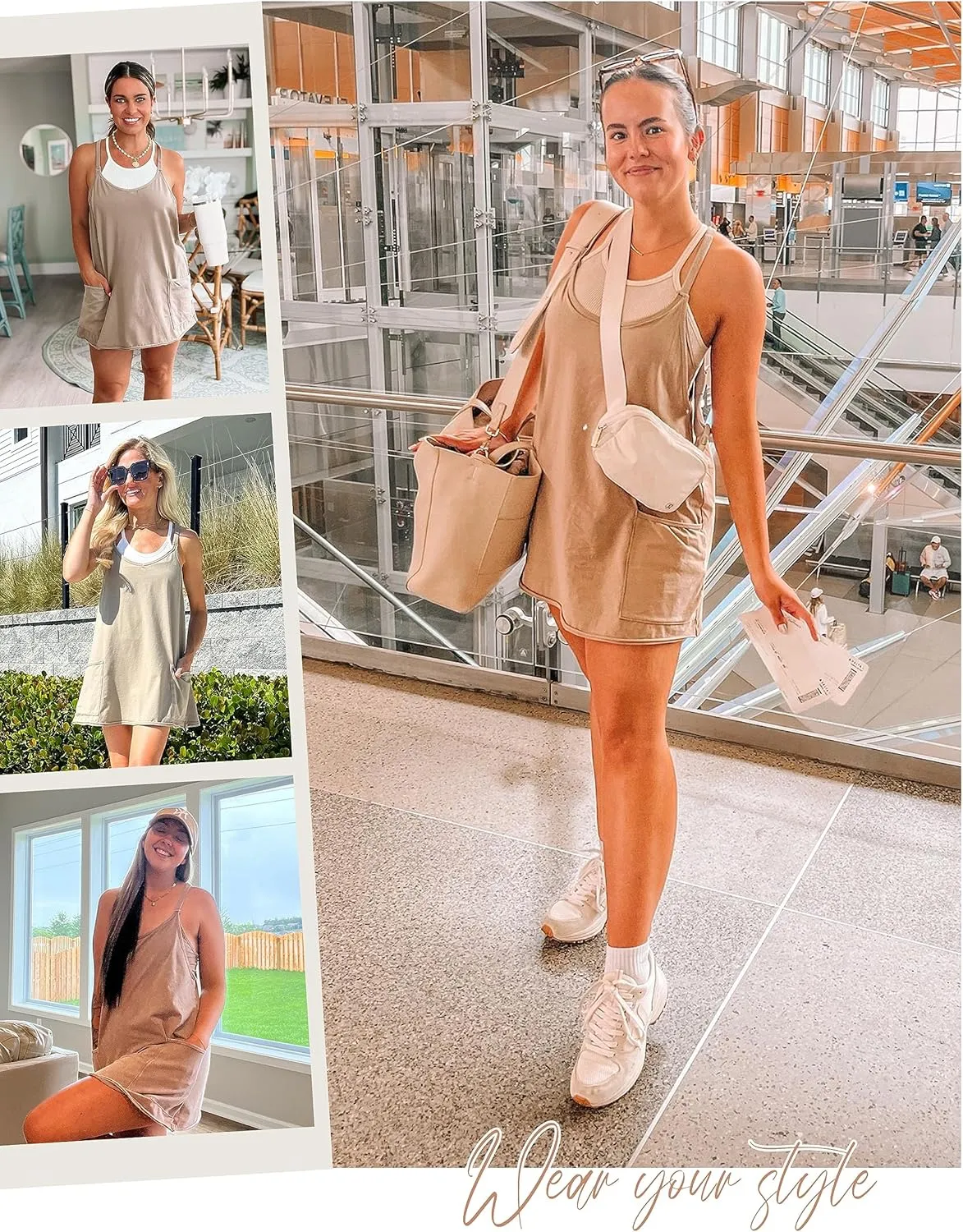 Lentta Womens Athletic Sleeveless Mini Dress with Built-in Shorts V Neck Spaghetti Strap Sundress